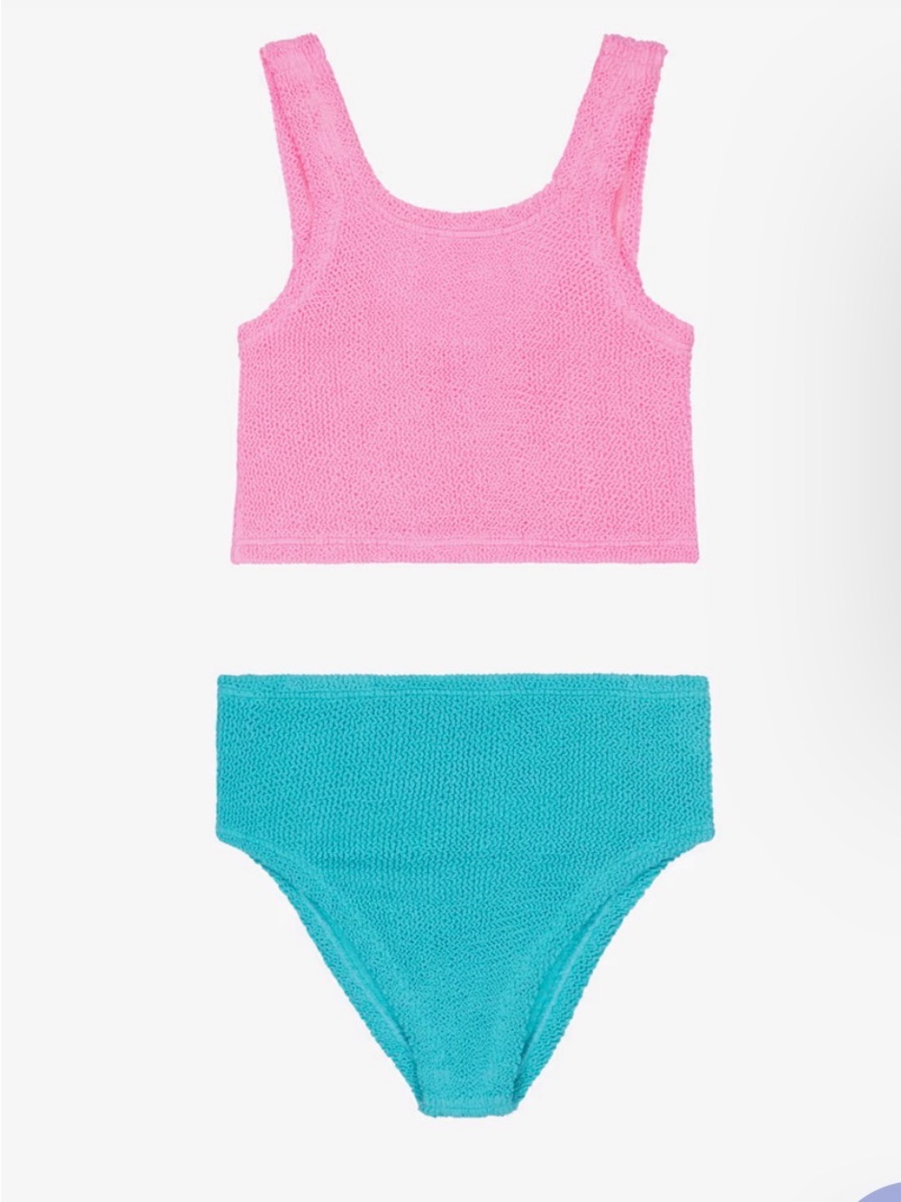 Hunza G Kids — the Lyra / Duo Lyra two-piece in Bubblegum Pink + Aqua Blue